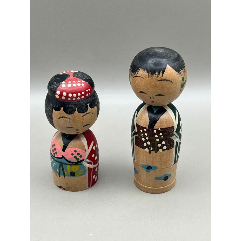 Vtg Japanese Kokeshi Dolls Pair Hand Painted Wood Japan Folk‎ Art Set of 2 - 3"